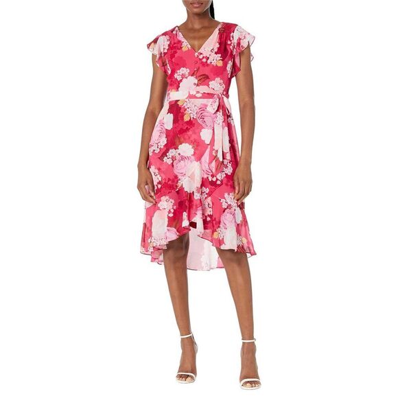 Women's Short Printed Chiffon Dress 8 Pink Multi